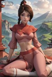 1girls ai_generated architecture arm_support artist_name avatar_legends avatar_the_last_airbender bracelet braid braided_ponytail breasts brown_eyes brown_hair cloud crop_top day east_asian_architecture hi_res jewelry lips looking_at_viewer medium_breasts midriff mountain navel nickelodeon nicktoons outdoors pants patreon_logo patreon_username r34arts shirt single_braid sitting sky socks solo ty_lee web_address