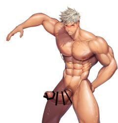 1boy abs absurd_res arms_up balls bara beefy biceps big_breasts big_hands big_penis blush blushing_profusely breasts broad_shoulders censor_bar censored censored_balls censored_penis clenched_teeth cock_ring completely_nude dark_penis delinquent ear_piercing earrings erection foreskin foreskin_folds frown gay hand_on_hip happy_trail hi_res huge_breasts huge_cock hunk long_penis looking_at_viewer male male_breasts male_only manly mature_male meisho_hanten menacing muscles muscular muscular_arms muscular_male nipple_chain nipple_piercing oppai original original_character pecs penis pierced_ears pierced_navel pierced_nipples piercing pissed_off pointless_censoring pubic_hair red_eyes retracted_foreskin short_hair six_pack spiky_hair standing sweat sweatdrop sweating sweaty thick_neck thick_penis tough_guy triceps uncircumcised uncut veiny_arms veiny_belly veiny_penis very_high_resolution very_sweaty white_background white_hair yaoi