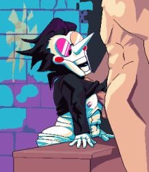 animated balls bunnysuitconman clothed clothing deltarune digital_media_(artwork) doll_joints duo erection eyewear gay genitals glasses hair hi_res human humanoid leaning leaning_forward loop male male/male mammal muscular muscular_male nipples partially_clothed pecjob pecs pixel_(artwork) pixel_animation sex short_playtime size_difference smile spamton_g._spamton spamton_g_spamton stitch_(sewing) undertale_(series) wearing_glasses yaoi