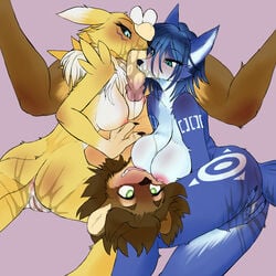 <3_eyes 1:1 1boy 2girls akitokit anthro anus areola ass balls black_sclera blue_eyes blue_fur blue_hair blush bodily_fluids breasts canid canine collaborative_fellatio crossover digimon digimon_(species) digital_media_(artwork) dripping eyebrow_through_hair eyebrows fellatio female fingering fingering_self fox fur glans hair heart hi_res humanoid_penis krystal liontaro male mammal masturbating_during_fellatio masturbation multicolored_fur multiple_girls nintendo nipples nude oral penile penis pink_areola pink_glans pink_nipples pussy renamon sex simple_background star_fox straight tan_balls tan_penis teamwork tongue translucent translucent_hair upside-down video_games yellow_fur