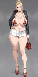 areola_slip armpit armpit_hair armpits bag black_jacket blonde_hair blue_eyes blue_gemstone bra breasts cleavage collarbone covered_nipples cropped_jacket excessive_pubic_hair female female_armpit_hair female_pubic_hair final_fantasy final_fantasy_vii full_body gem grey_background hairy_armpits hand_on_own_hip handbag highres huge_breasts jacket jewelry looking_at_viewer mature_female medium_hair microskirt nanabe_78 navel navel_piercing no_panties open_clothes open_jacket parted_lips pendant piercing platform_shoes pleated_skirt pubic_hair pussy red_bag red_bra scarlet_(ffvii) sidelocks skirt solo standing steam stomach sweat thighs underwear white_skirt