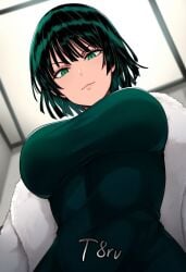 ai_generated breasts clothed clothing from_below fubuki_(one-punch_man) green_clothing green_eyes green_hair narrow_waist one-punch_man pov smirk t8r tight_clothing tight_dress viewed_from_below