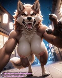 1girls ai_art ai_generated angry anthro barefoot big_breasts breasts brown_eyes brown_fur brown_hair canid canine canis chest_tuft claws cleavage dark digitigrade digitigrade_legs drool drool_string drooling ears fangs female fit furry grabbing growling high_quality high_resolution highres hind_legs hindlegs inside looking_at_viewer mad muscular muscular_female naked naked_female night nipples nude nude_female orange_eyes outdoors patreon patreon_logo patreon_username pussy running running_towards_viewer sharp_nails silvergilver snarling solo street tail teeth thick_thighs toned tongue tuft twitter_logo twitter_username two-tone_body two-tone_fur werewolf wolf