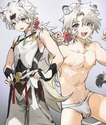 1boy animal_ears blue_background fangs fingerless_gloves gloves gradient_background hand_on_own_hip highres itsme_takk lingyang_(wuthering_waves) lion_boy lion_ears lion_tail long_hair looking_at_viewer low_ponytail male male_focus male_only male_underwear multiple_views nipples penis ponytail pubic_hair purple_eyes simple_background solo_male tail underwear wet wet_clothes wet_male_underwear wuthering_waves