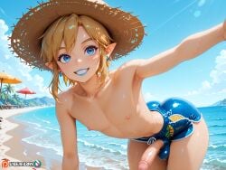 ai_generated anime aqua_eyes ass beach big_dick big_penis bikini black_hair blonde_hair blue_eyes clothes fat_ass femboy gay genitals golden_hair hair highres hips hips_wider_than_shoulders japanese link link_(breath_of_the_wild) link_(tears_of_the_kingdom) long_hair male male_only massive_penis nintendo partially_clothed penis short slim_waist solo the_legend_of_zelda trap twink uncensored userzon waist white_skin yaoi