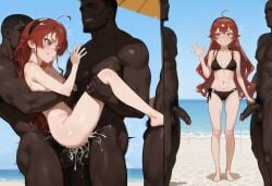 1girls 2boys ai_generated beach before_and_after bikini cum cum_inside dark-skinned_male dark_skin double_penetration eris_greyrat female interracial interracial_dreams large_penis light-skinned_female light_skin male mushoku_tensei nude penis red_eyes red_hair size_difference waving