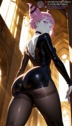 1girls ai_generated ass back back_cutout backless_dress backless_outfit black_choker black_dress black_pantyhose blush breasts cartoon_network choker closed_mouth colored_skin cone_hair_bun dc_comics dcau dress female from_behind from_below hair_horns indoors jinx_(dc) jinx_(teen_titans) light_rays long_sleeves looking_at_viewer looking_back median_furrow medium_breasts meitabuu pantyhose pink_eyes pink_hair shiny_clothes short_dress short_hair shoulder_blades side_slit solo standing sunlight teen_titans thick_thighs thighband_pantyhose thighs tight_clothes tight_dressjinx_(dc) window