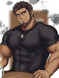 2025 2d 2d_(artwork) 2d_artwork artist_name artist_signature balo black_shirt brown_eyebrows brown_eyes brown_hair chinstrap_beard clothed clothed_male coffee coffee_cup coffee_mug dog_tags gay gay_male high_resolution highres looking_at_viewer male muscles muscles_through_clothes muscular muscular_arms muscular_male navel no_sex original original_character pecs pectorals sfw simple_background sitting smiling smiling_at_viewer solo solo_focus solo_male table tan_body tan_skin yaoi