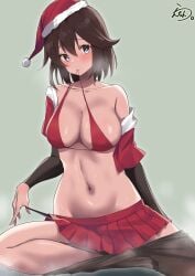 1girls aarms_up bare_belly bare_calves bare_chest bare_hands bare_knees bare_legs bare_midriff bare_navel bare_shoulders bare_skin bare_thighs belly belly_button bikini bikini_top blue_eyes blue_eyes_female blush blush_face blushing_at_viewer blushing_female breasts brown_eyebrows brown_hair brown_hair_female calves christmas christmas_clothing christmas_hat christmas_headwear christmas_outfit cleavage collarbone curvaceous curvaceous_body curvaceous_female curvaceous_figure curvaceous_hips curvy curvy_body curvy_female curvy_figure curvy_hips exposed_belly exposed_chest exposed_legs exposed_midriff exposed_navel exposed_shoulders exposed_skin exposed_thighs feet female female_focus female_only fingers full_body green_background groin hair_between_eyes hands_up hayasui_(kantai_collection) head_tilt high_resolution highres hourglass_figure kantai_collection knees lanthan large_breasts lean_figure legs legwear looking_at_viewer medium_hair midriff narrow_waist navel pantyhose pantyhose_pull red_bikini red_bikini_top red_string_bikini red_swimsuit red_swimwear shoulders simple_background sitting skirt sleeves slender_body slender_waist slim_waist solo stockings string_bikini swimsuit swimwear thick_thighs thighs tilted_head toes wide_hips