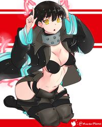 1girls :o animal_ears bangs black_hair breasts cat_ears cat_tail cleavage enen_no_shouboutai eyelashes fake_animal_ears female female_only fire fire_force front_view full_body hair_between_eyes human jacket kneeling kotatsu_tamaki large_breasts long_hair looking_at_viewer muugumemo navel nipple_bulge solo twintails yellow_eyes