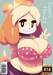 1girls 2019 advertisement animal_crossing animal_crossing_new_leaf anthro anthrofied big_breasts breasts canine clothed collar doujin_cover female female_only fur furry huge_breasts isabelle_(animal_crossing) looking_at_viewer nintendo shih_tzu smiling sqoon sssonic2 text thighs v yellow_skin