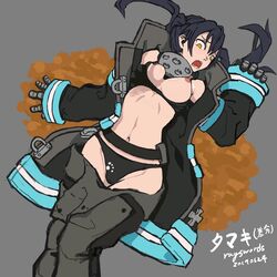 1girls accidental_exposure areolae bangs belt bikini bikini_pull black_bikini black_hair blush bra_pull breast_grab breasts cameltoe embarrassed embarrassed_nude_female enen_no_shouboutai enf female female_only fire_force gloves grey_background hair_between_eyes human jacket kotatsu_tamaki large_breasts long_hair lying medium_breasts navel nipples on_back one_breast_out open_jacket pants phantom_hand rayswords solo surprised twintails wide_sleeves yellow_eyes