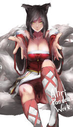 ahri animal_ears bottomless excessive_pubic_hair female fox_ears fox_tail kneehighs league_of_legends long_hair looking_at_viewer no_panties pandea_work pubic_hair pussy solo tail yellow_eyes