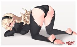 1girls absurd_res all_fours ass_up blonde_hair clothing corrin_(fire_emblem) corrin_(fire_emblem)_(female) curled_toes female female_only fire_emblem fire_emblem_fates hair highres manakete nintendo panties pointy_ears presenting_hindquarters red_eyes sarukaiwolf solo stirrup_legwear thighhighs toeless_legwear video_games