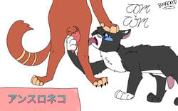 <3_eyes 16:10 anthro balls black_fur blue_eyes claws felid feline felis fur handjob heart hi_res invalid_tag japanese_text licking male male/male mammal orange_fur paws penile penis sex spots standing text tongue tongue_out white_belly white_paws_(disambiguation) white_spots