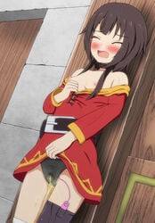 bandaged_leg bandages bare_shoulders belt black_hair black_legwear blush closed_eyes clothing dress egg_vibrator female gloves kono_subarashii_sekai_ni_shukufuku_wo! looking_at_viewer masturbation megumin natsuhime-hime natsuhime_(pixiv228471) nipples open_mouth panties peeing peeing_self pussy_juice red_dress short_hair single_thighhigh solo tears thighhighs underwear vibrator vibrator_in_thighhighs vibrator_under_clothes vibrator_under_panties wet wet_clothes wet_panties