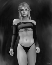 1girls arm_sleeves belly_button black_and_white bra cd_projekt_red ciri davekey1234 digital_painting_(artwork) eyeshadow facial_scar female full_frontal green_eyes hourglass_figure looking_at_viewer mascara monochrome naughty_face painting panties partially_clothed scar skinny solo_female tagme the_witcher_(series) the_witcher_3:_wild_hunt thighs thong tied_hair white_hair