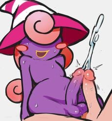 blush cum cumshot frottage futanari hat male mario_(series) notepaddy paper_mario penis pink_hair purple_skin smile solo_focus sweat testicles vivian_(paper_mario) white_background witch_hat