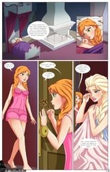 2girls 4_panel_comic ? anna_(frozen) arabatos barefoot bedroom blue_eyes blush braid breasts cameltoe cleavage comic dialogue disney duo elsa_(frozen) english_text eyeliner eyeshadow feet female female_only freckles frozen_(film) green_eyes human indoors knocking lipstick medium_breasts multiple_girls negligee nightie nipple_bulge one_eye_closed page_1 panties pillow pokies red_lipstick see-through siblings sisters speech_bubble text toes twin_braids twintails waking_up walking yuri