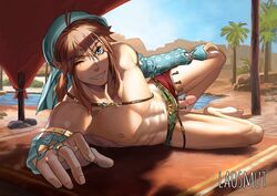 1boy abs blue_eyes breath_of_the_wild desert erection gerudo_link grin laosmut laovaan link link_(breath_of_the_wild) looking_at_viewer lying_on_side male_only muscular nintendo oasis on_side one_eye_closed outdoors palm_tree penis pointy_ears pose presenting rug skirt smile solo the_legend_of_zelda water