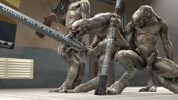 3boys 3d abs alien casual erection firearm grey_skin gun halo_(series) humanoid humanoid_penis male male_only male_sangheili_(halo) mrdr muscular nipples sangheili shotgun spear squatting standing sword weapon