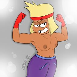 1girls arms_up black_eyes blonde_hair blue_pants breasts brown_nipples brown_skin carol_(ok_k.o.!_let's_be_heroes) carol_kincaid cartoonsaur erect_nipples female female_only medium_breasts milf muscular_arms muscular_female nipples ok_k.o.!_let's_be_heroes red_gloves red_tape smiling topless