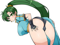 1girls ass bent_over big_ass big_butt black_gloves black_panties black_underwear blue_dress blush blushing breasts busty butt cameltoe chro clothing curvy dress dress_aside earrings erect_nipples erect_nipples_under_clothes female female_only fingerless_gloves fire_emblem fire_emblem:_the_blazing_blade fully_clothed gloves green_eyes green_hair hand_on_ass hand_on_own_ass hands_on_ass hands_on_own_ass highres huge_ass huge_butt large_ass large_breasts looking_at_viewer looking_back lyn_(fire_emblem) matching_hair/eyes nintendo nipple_outline open_mouth panties ponytail presenting presenting_hindquarters sexually_suggestive shiny_clothes shiny_hair shiny_skin short_sleeves standing sweatdrop thick_thighs underwear video_game video_games voluptuous white_background wide_hips