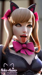 3d ahe_gao alternate_costume black_cat_d.va blonde_hair cat_ears cross-eyed d.va dirty_blonde_hair eye_roll fake_ears female nekoanimo nekod.va overwatch pink_ribbon ribbon solo tied_hair tongue tongue_out twintails url watermark