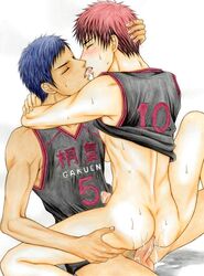 2boys anal anal_sex aomine_daiki ass basketball_uniform blue_hair blush dark-skinned_male dark_skin gay kagami_taiga kuroko_no_basuke male male/male penis red_hair sex short_hair uniform white_background yaoi