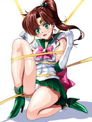 bishoujo_senshi_sailor_moon blush bondage boots brown_hair choker clothing female female_focus female_only gloves green_eyes green_skirt high_heel_boots jewelry legs leotard makoto_kino ponytail ribbon rope sailor_collar sailor_jupiter sen_(sansui) serafuku shock short_skirt sitting skirt small_breasts solo squeeze tied_up