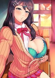 1girls big_breasts black_hair blue_bra bra classroom cleavage color desk dusk fire_emblem flashing huge_breasts kissy_face large_breasts naughty_face nintendo open_shirt oribe_tsubasa plaid_skirt revolverwingstudios schoolgirl shirt shirt_open skirt solo solo_female suggestive sweater tokyo_mirage_sessions_#fe window