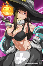 1girls abs ass bayeuxman big_ass big_breasts big_butt bimbo black_hair bra breasts busty cleavage enen_no_shouboutai female female_only fire fire_force g-string hand_on_hip hat huge_breasts large_breasts long_hair muscle muscular_female naughty_face nipple_bulge nipples oze_maki purple_eyes pusu_pusu seductive thick_thighs voluptuous whale_tail witch witch_hat