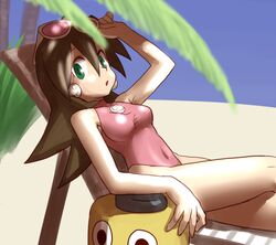 beach brown_hair capcom glasses_on_forehead green_eyes looking_at_viewer meg mega_man mega_man_legends one-piece_swimsuit rockman rockman_dash tagme tron_bonne