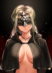 1girls big_breasts black_background blindfold blonde blonde_hair breasts busty capelet cleavage cloak clothing collarbone covered_breasts covered_eyes covered_nipples dark_souls dark_souls_3 eyes_covered female female_only fire_keeper fromsoftware gradient_background head_tilt highres hood hood_down huge_breasts large_breasts lips long_hair mask navel necklace no_bra no_undershirt partially_clothed sendrawz sexually_suggestive shiny_hair shiny_skin signature smile smiling solo standing video_game video_games voluptuous