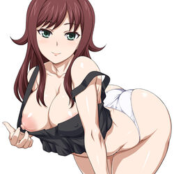 akana_rui blue_eyes breasts brown_hair chousoku_henkei_gyrozetter cleavage collarbone curvy female flashing highres large_breasts leaning_forward long_hair looking_at_viewer nipples panties puffy_nipples seductive_smile simple_background smile solo tank_top underwear white_background white_panties yukimasa_(nkk145)