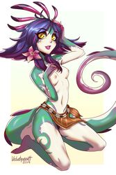 1girls absurdres blue_hair breasts female flower highres humanoid kneeling league_of_legends lizard_girl loincloth long_tail looking_at_viewer navel neeko nipples plant pubic_hair riot_games simple_background small_breasts smile solo topless velvetqueenh yellow_eyes