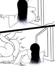 1boy 1girls big_ass big_breasts black_hair blinding_bangs comic creepy funny humor monochrome no_eyes penetration rape sex simple_background strangehero tagme the_ring thick_thighs white_background yamamura_sadako