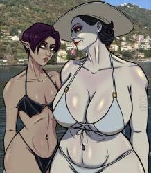 2020s 2024 2girls alcina_dimitrescu big_breasts bikini black_hair breast_size_difference capcom detailed_background dickula eye_bags female female_only flat_chest hat large_hat light-skinned_female light_skin looking_at_another meme meme_attire mother_daughter_boob_envy_(meme) navel_piercing original original_character pale-skinned_female pale_skin pointy_ears purple_hair red_lipstick resident_evil resident_evil_8:_village smiling smiling_at_another very_high_resolution