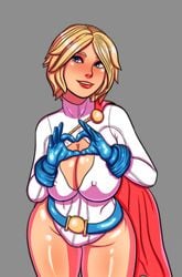 1girls 2d 2d_(artwork) big_breasts blonde_female blonde_hair blonde_hair_blue_eyes blonde_hair_female blue_eyes breasts cleavage cleavage_cutout dark_grey_background dc dc_comics female female_only grey_background heart_gesture heart_shape kara_zor-el kara_zor-l kryptonian large_breasts leotard light_skin looking_to_the_side medium_hair neck_length_hair nipple_bulge no_artist_signiture power_girl red_cape sen-kg solo solo_female source_request superhero superheroine white_female white_leotard white_woman