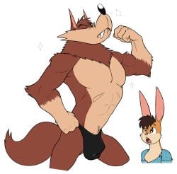 abs anthro anus biceps big_bulge billy_buns bulge canid canine canis fur furry hank_howell_(piti_yindee) lagomorph leporid male male_only mammal muscular_anthro muscular_male pecs penis_outline rabbit seyrmo underwear wolf