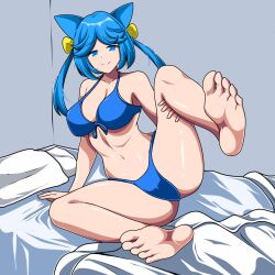 blue_bra blue_eyes blue_hair blue_panties discord_(app) discord_bot feet itsmealvi lying_on_bed owo owobot