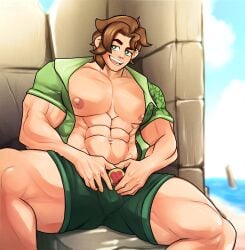 balls bara big_penis bulge clothing flaccid kingdom_velvet male male_only muscles muscular penis sitting solo solo_male