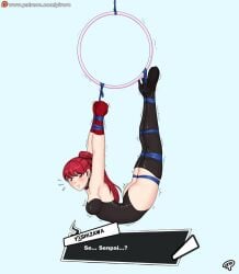 ass atlus blush blush bondage bondage bound breasts collar female female_focus female_only kasumi_yoshizawa persona persona_5 red_hair sumire_yoshizawa suspension text