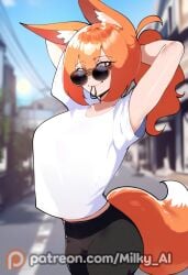 1girls ai_generated big_breasts black_pants fox_ears fox_girl hi_res milky_ai orange_eyes orange_hair original original_character ponytail portrait smile street sunglasses t-shirt thiccwithaq_(ai_style) thick_thighs tying_hair yumi_(milky_ai)