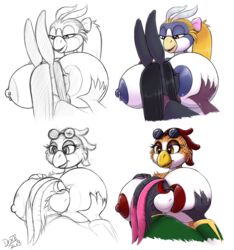 2018 absurd_res anthro avian beak big_breasts bird breast_sucking breasts chicken digital_media_(artwork) drxii duo feathers female female/female fingers fur galliform gallus_(genus) hair hi_res huge_breasts jak_and_daxter mammal mustelid naughty_dog nipple_piercing nipple_suck nipples ottsel penguin phasianid piercing rose_t_chicken simple_background sony_corporation sony_interactive_entertainment sucking tryst_(drxii) video_games yuri