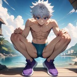 ai_generated gay hunter_x_hunter killua_zoldyck outdoors squatting sweat swimsuit swimwear white_hair yaoi