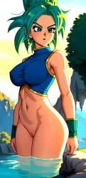 ai_generated blue_eyes confused dragon_ball_super female filter green_hair kefla pussy retouched sunset