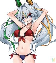 areola_slip armpits arms_behind_head bikini blush duel_masters gijinka grin logo loose_bikini medium_breasts perky_breasts personification petite romanesk,_the_dragon_wizard smile sukune_maron