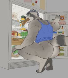 2021 ass black_body black_fur feet food_in_mouth fridge furry green_eyes grey_body grey_fur kolvackh male newark raccoon solo tank_top