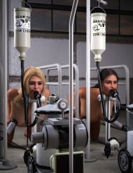 bent_over black_hair blonde_hair bondage breast_milking breast_milking_machine feeding_tube h-studio hucow human_cattle kneeling milking milking_machine restrained stable